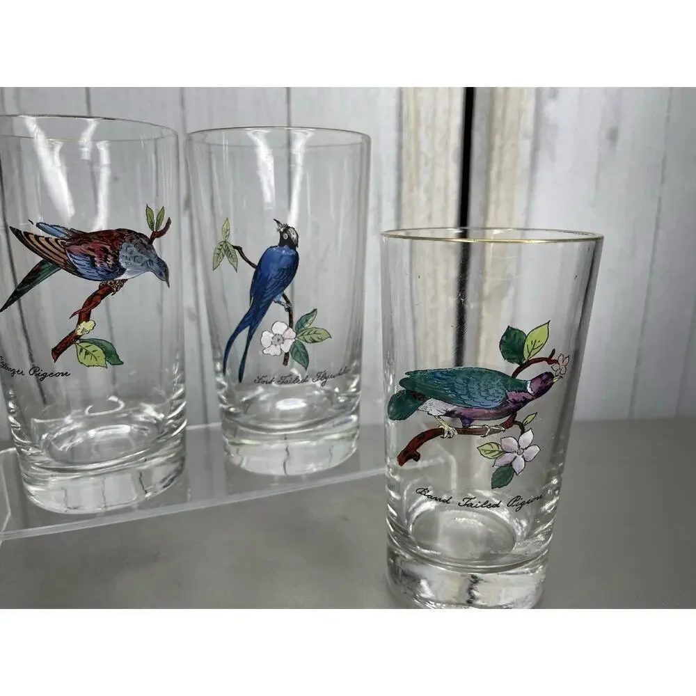 Vintage Set of 4 Hand Painted Bird Tumblers Drinking Glasses